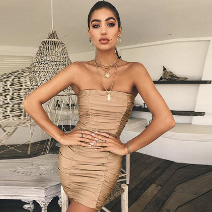 Spring Summer Women Clothing Sexy Tube Top Nightclub Ruffle Hip Dress