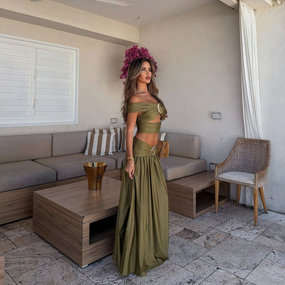 Solid Color Tube Top Sexy off the Shoulder Split Swimsuit Women Bikini Skirt Set