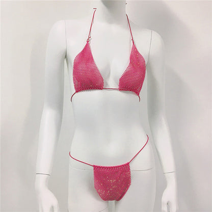 Women Clothing Rhinestone Bikini Set Carnival Sexy Lace Up Outdoor Beach Split Swimsuit