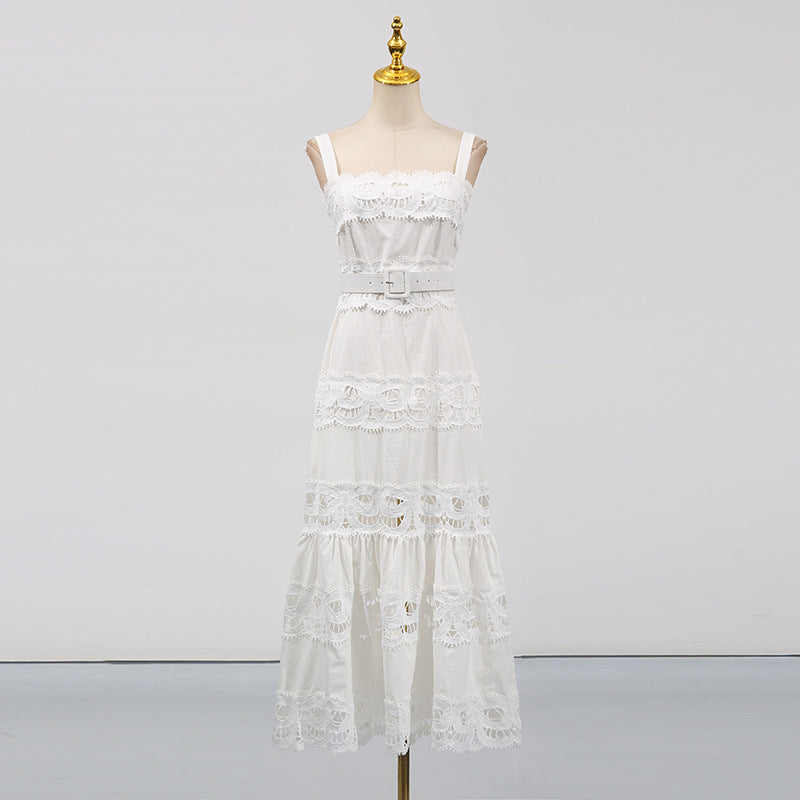 Vacation Maxi Dress Hollowed out Embroidered Strap Fishtail Design Dress Women