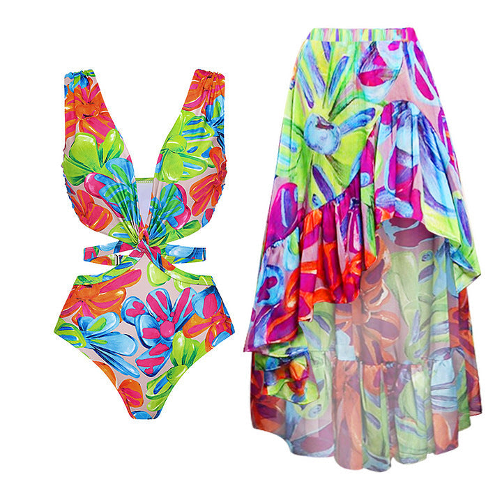 One Piece Swimsuit Women Beach Vacation Skirt Swimsuit