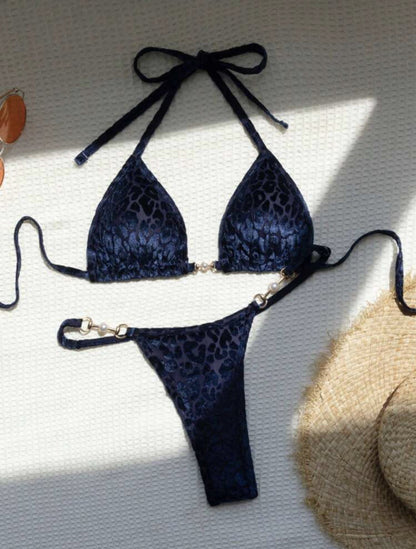 Sexy T Shaped Pearl Leopard Special Fabric Swimwear Swimsuit Bikini