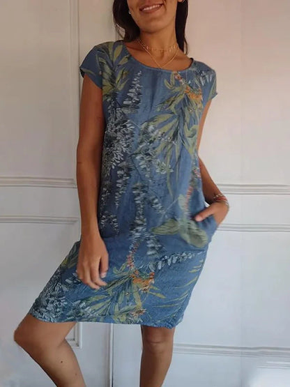 Women Clothing Summer Cotton Linen round Neck Printed with Pocket