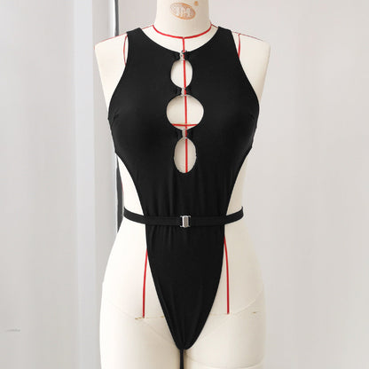 Sexy Deep V Plunge Hollow Out Cutout out High Slit Triangle One Piece Swimsuit Women Pure Black One Piece Swimsuit