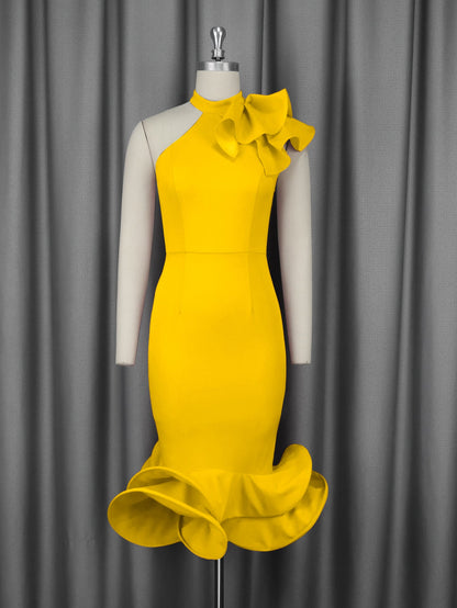 Elegant Half Turtleneck Ruffled Dress off Shoulder Ruffled Hem Cocktail Evening Dress