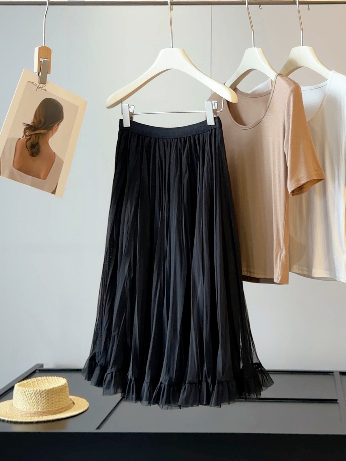 French Pleated Mesh Skirt Women Summer Wide Hem Loose High Waist Slimming Mid Length Yarn Skirt