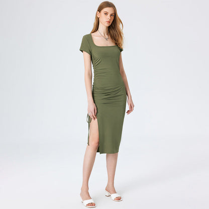 Knitted Small Sunken Stripe Elegant Square Cut Collar Waist Figure Flattering Side Slit Hip Dress