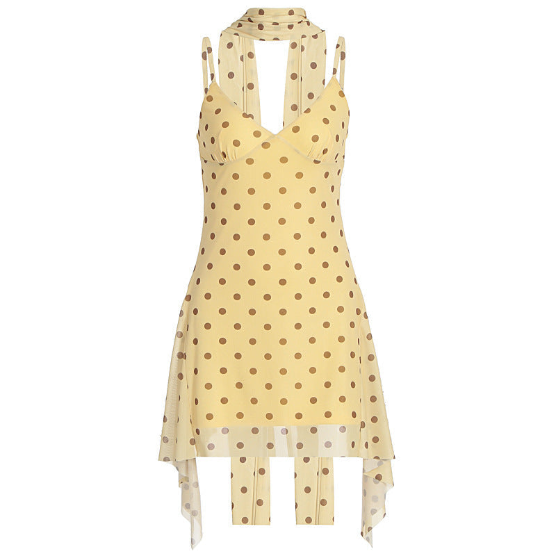Cami Dress Elegant Halter Ribbon Printing Polka Dot Dress Women Summer