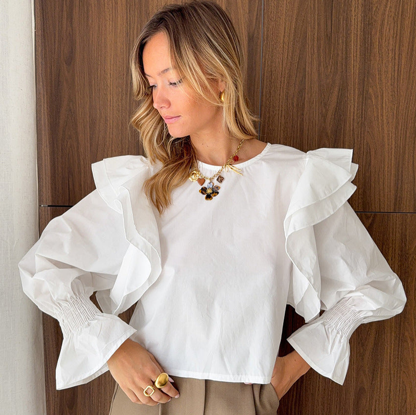 Gentle Polyester Cotton White Flying Sleeve Backless Hollow Out Cutout out Long Sleeved Top Women Office Top
