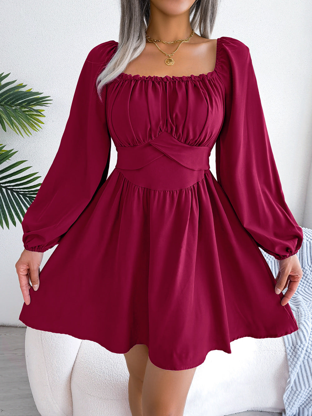 Spring Summer Casual Solid Color Selvedge Square Neck Cinched Large Swing Dress Women Clothing