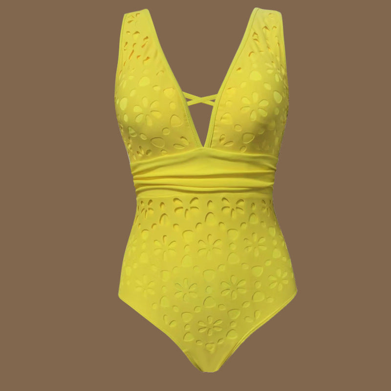 V neck Hollow Out Cutout High Sense One Piece Swimsuit Women Vacation Beach