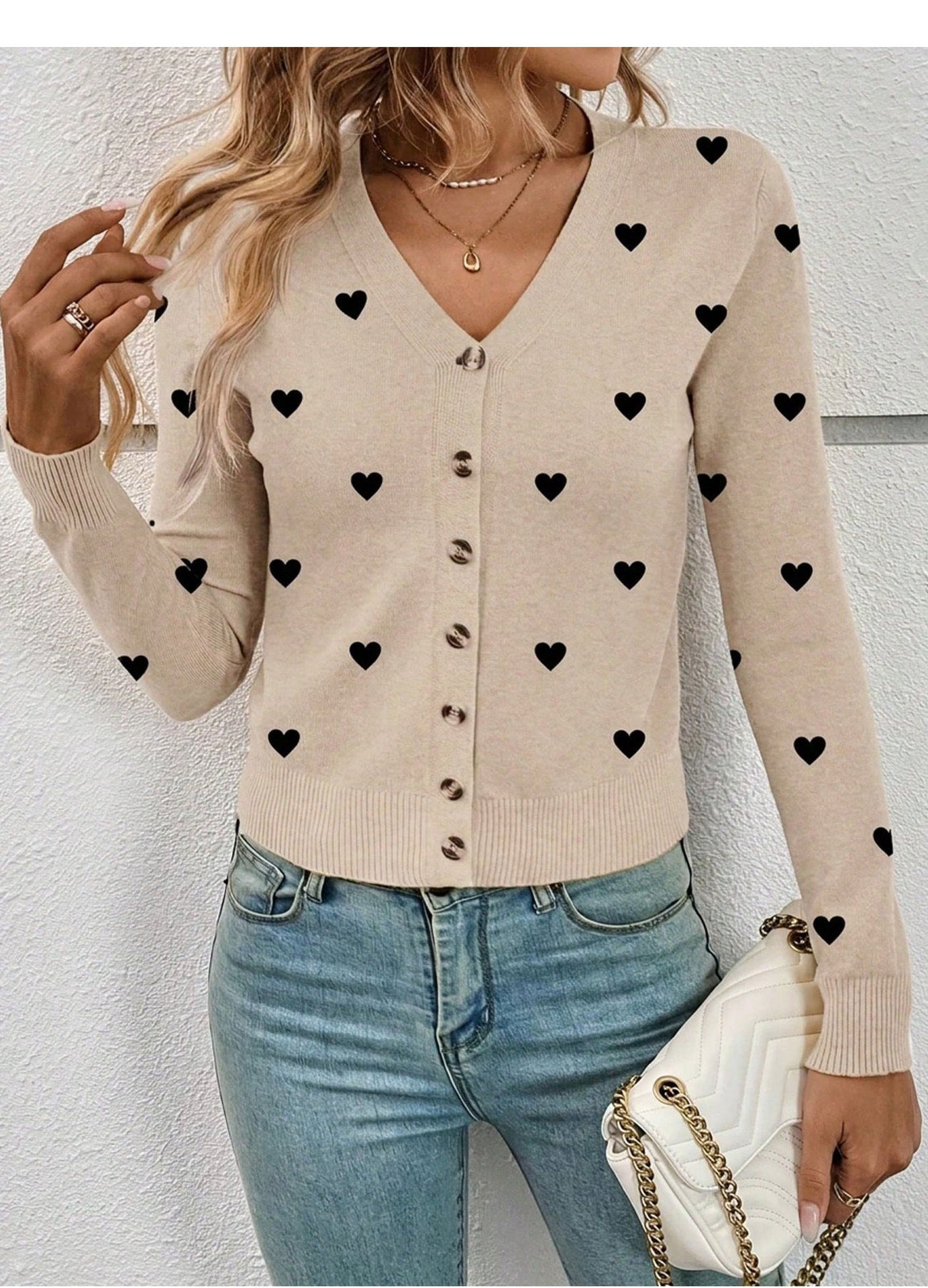 V neck Heart Knitted Cardigan Women Spring Autumn Slim Long Sleeve Sweater Coat Top