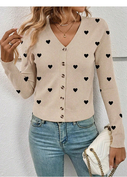 V neck Heart Knitted Cardigan Women Spring Autumn Slim Long Sleeve Sweater Coat Top
