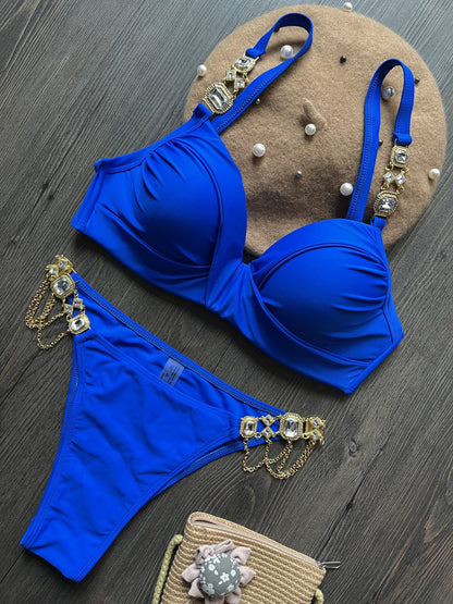 Gathering Steel Bracket Solid Color Bikini Sexy Crystal Diamond Swimsuit Split Swimwear Women