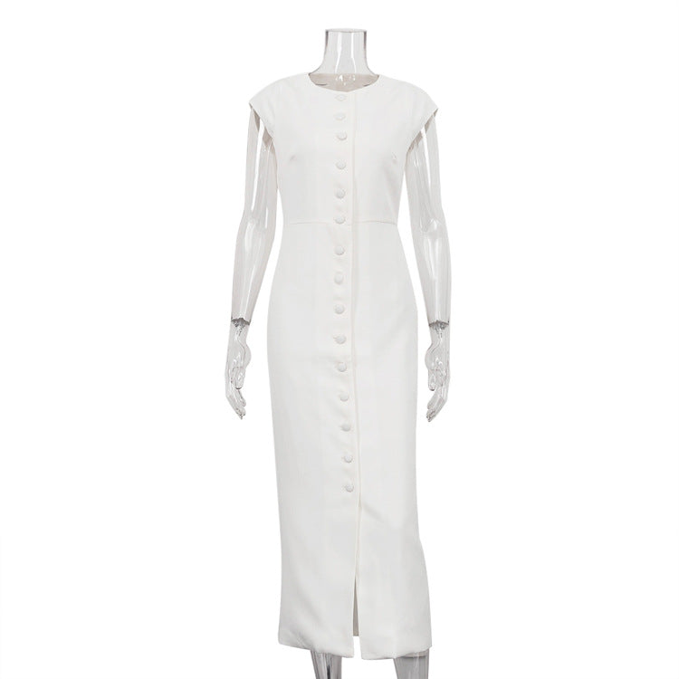 Round Neck Flying Sleeves Dress Women Elegant Waist Single Breasted White Sheath Dress