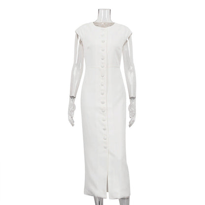 Round Neck Flying Sleeves Dress Women Elegant Waist Single Breasted White Sheath Dress