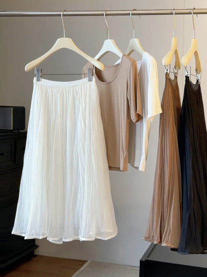 French Gentle Pleated Skirt Women Summer High Waist Drape Streamer A line Large Hem Midi Skirt