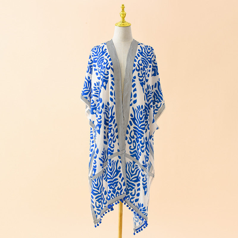 Spring Summer Striped Floral Print Pattern Chiffon Sun Protective Blouse Ball Decorative Cardigan