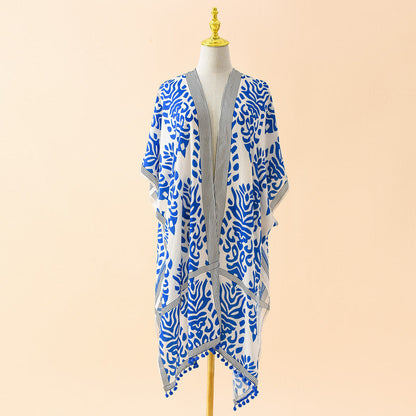 Spring Summer Striped Floral Print Pattern Chiffon Sun Protective Blouse Ball Decorative Cardigan