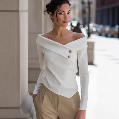 Women Clothing Spring Autumn Elegant Graceful off Shoulder Bottoming Long Sleeve Solid Color