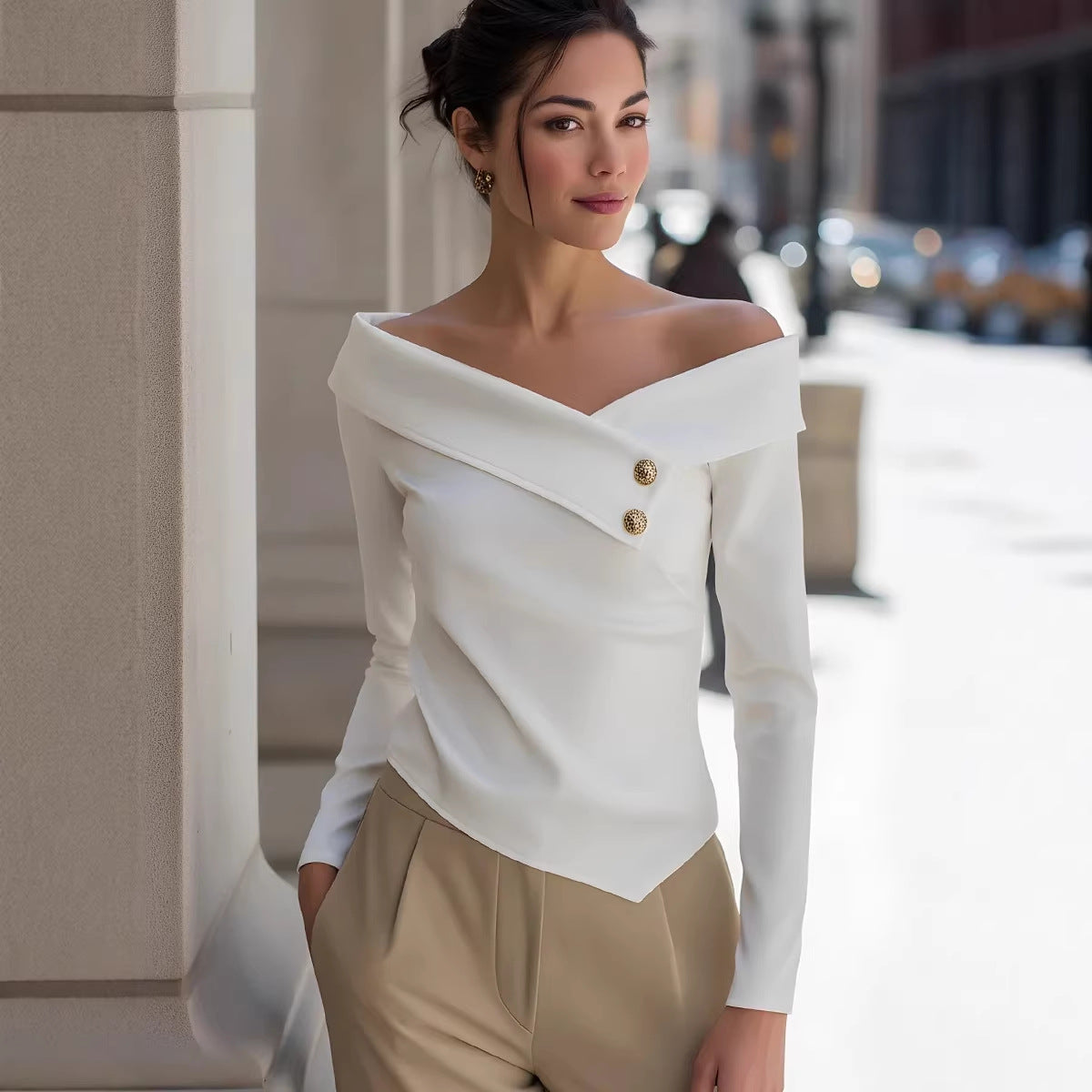 Women Clothing Spring Autumn Elegant Graceful off Shoulder Bottoming Long Sleeve Solid Color