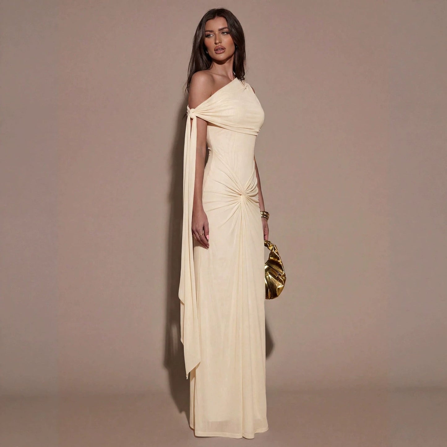 Women Clothing Oblique Shoulder Irregular Asymmetric Maxi Dress Pleated Slim Summer Dress for Women