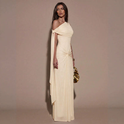 Women Clothing Oblique Shoulder Irregular Asymmetric Maxi Dress Pleated Slim Summer Dress for Women