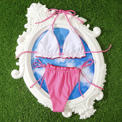 Sweet Sexy Bow Floral Plaid Split Vacation Swimsuit Women Bikini