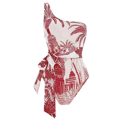 Slant Shoulder Slimming Printed Belt One Piece Swimsuit Women Clothing