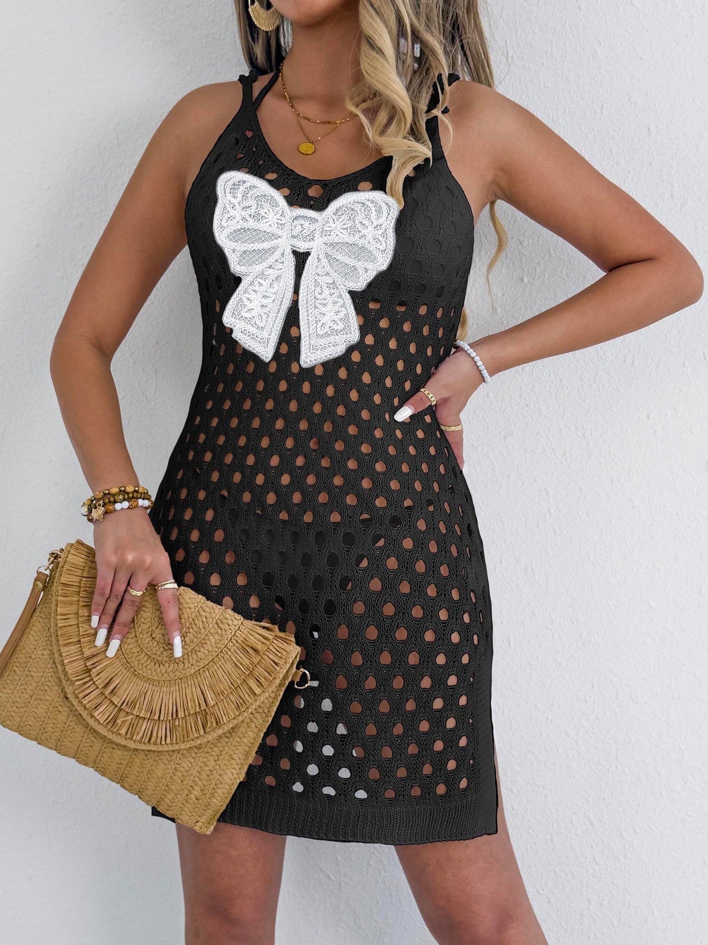 Lace Butterfly Stitching Women Vest Skirt Hollow Out Cutout out Woven Suspender Skirt Beach Beach Cover Up Dress