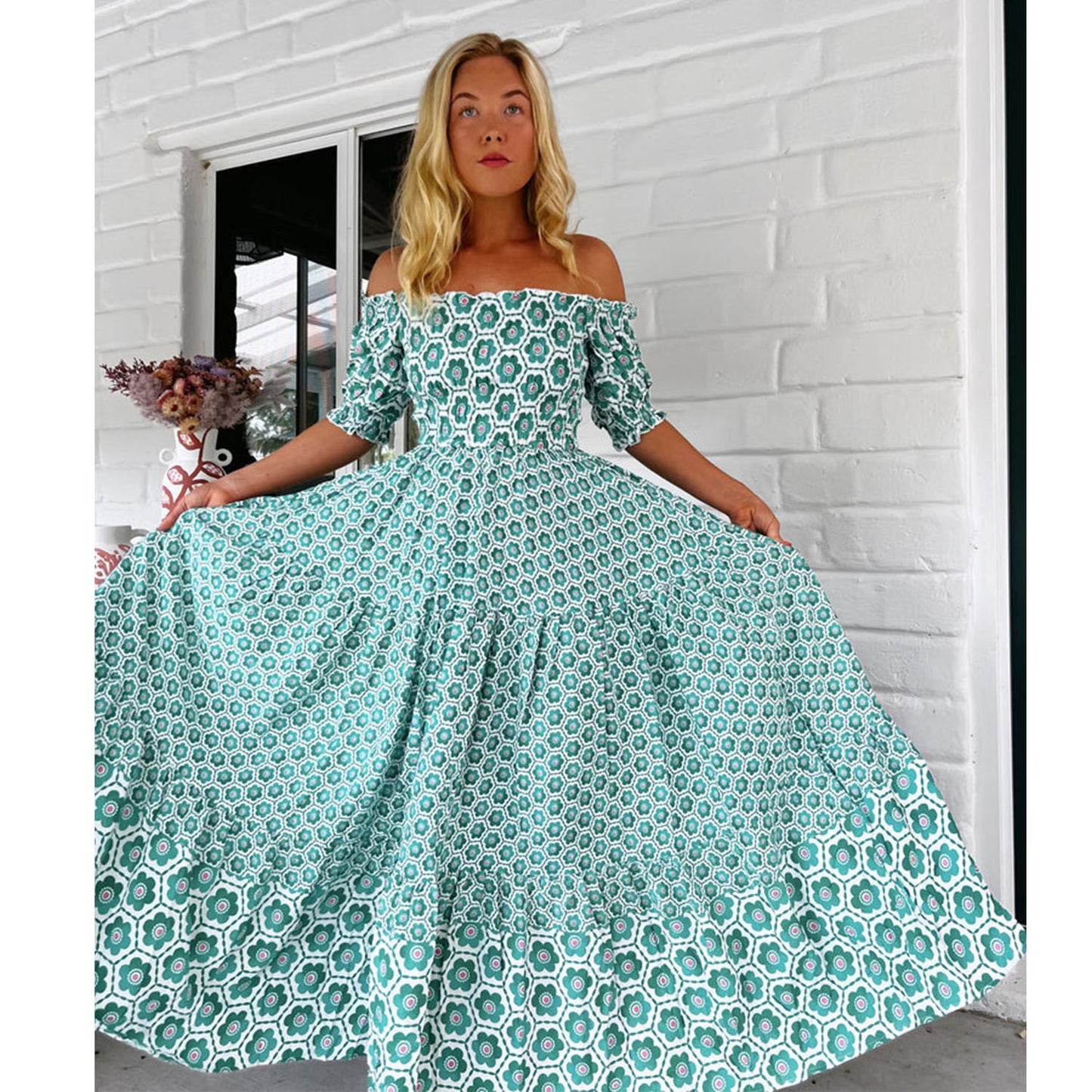 Women Clothing Printed Puff Sleeve Large Swing Dress