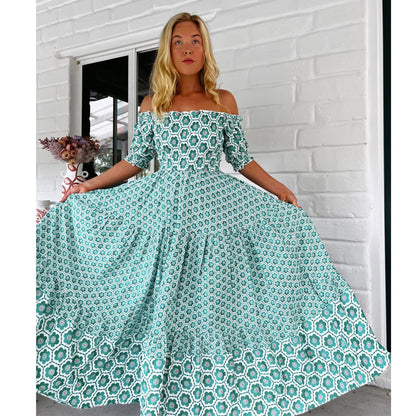 Women Clothing Printed Puff Sleeve Large Swing Dress
