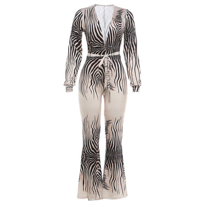 Sexy Deep V Plunge off-Shoulder Top High Waist Bootcut Pants Jumpsuit