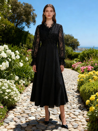 Lace Long Sleeve Elegant Dress Autumn High Sense V neck Waist Controlled Slimming Dress Women