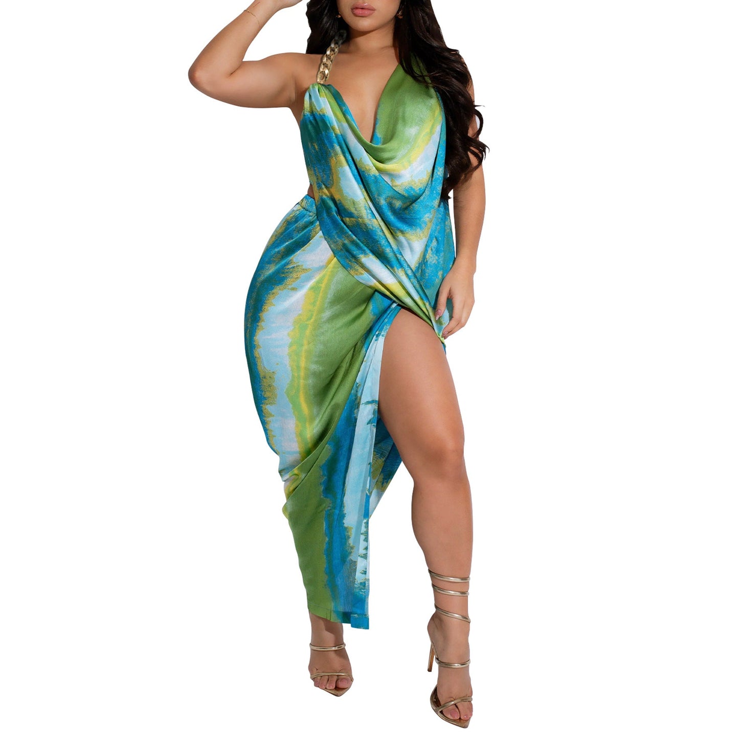 Sources Sexy Backless Tie Dyed Silk Satin Texture Swing Collar Dress Summer