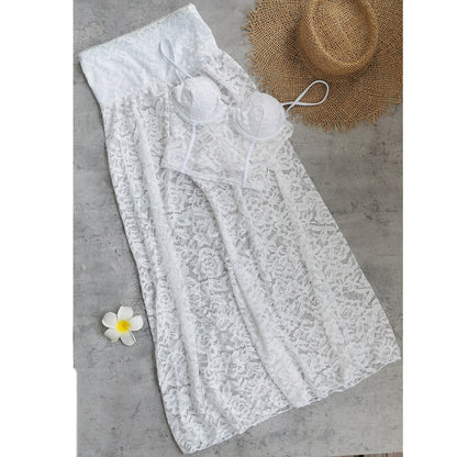 Solid Color Similar to Tangini Gathered Split Beach Skirt Two Piece Sets Bikini Sexy Cutout