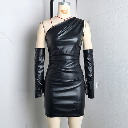 Faux Leather Dress Street Hipster Women Clothing Diagonal Collar Sleeveless Oversleeve Tight Waist Sheath Dress