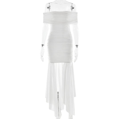 Spring Summer Sexy Women Dress Elegant Tube Top Solid Color Pleated Ribbon Waist Tight Slim Fit Dress