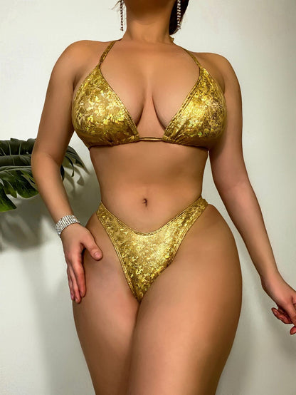 Halter Bronzing Craft Slingback Solid Color Sexy Bikini