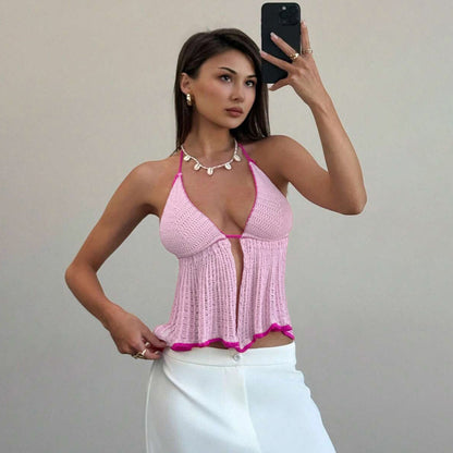 Sexy Hollow Out Cutout Backless Halter Sexy Casual Vacation Beach Swimsuit Sun Protection Top