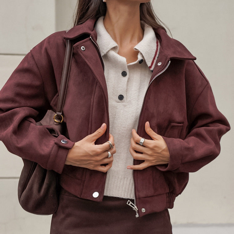 Fall Winter Niche Collared Long Sleeve Brown Atmosphere Suede Cardigan Coat Women Locomotive Leather Coat