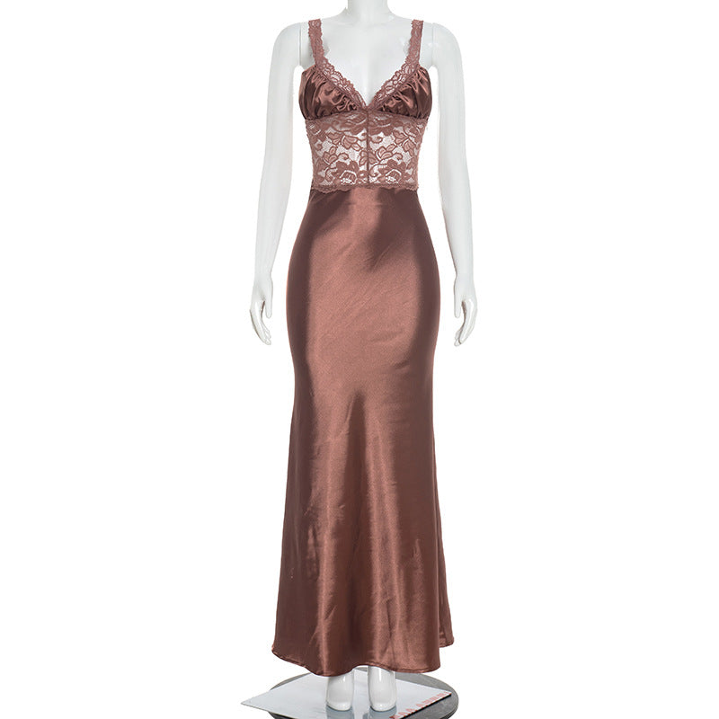 Women Clothing Spring Summer Sexy Strap Low Collar Stitching Lace Formal Dress Women