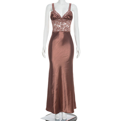 Women Clothing Spring Summer Sexy Strap Low Collar Stitching Lace Formal Dress Women