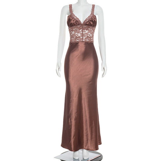 Women Clothing Spring Summer Sexy Strap Low Collar Stitching Lace Formal Dress Women