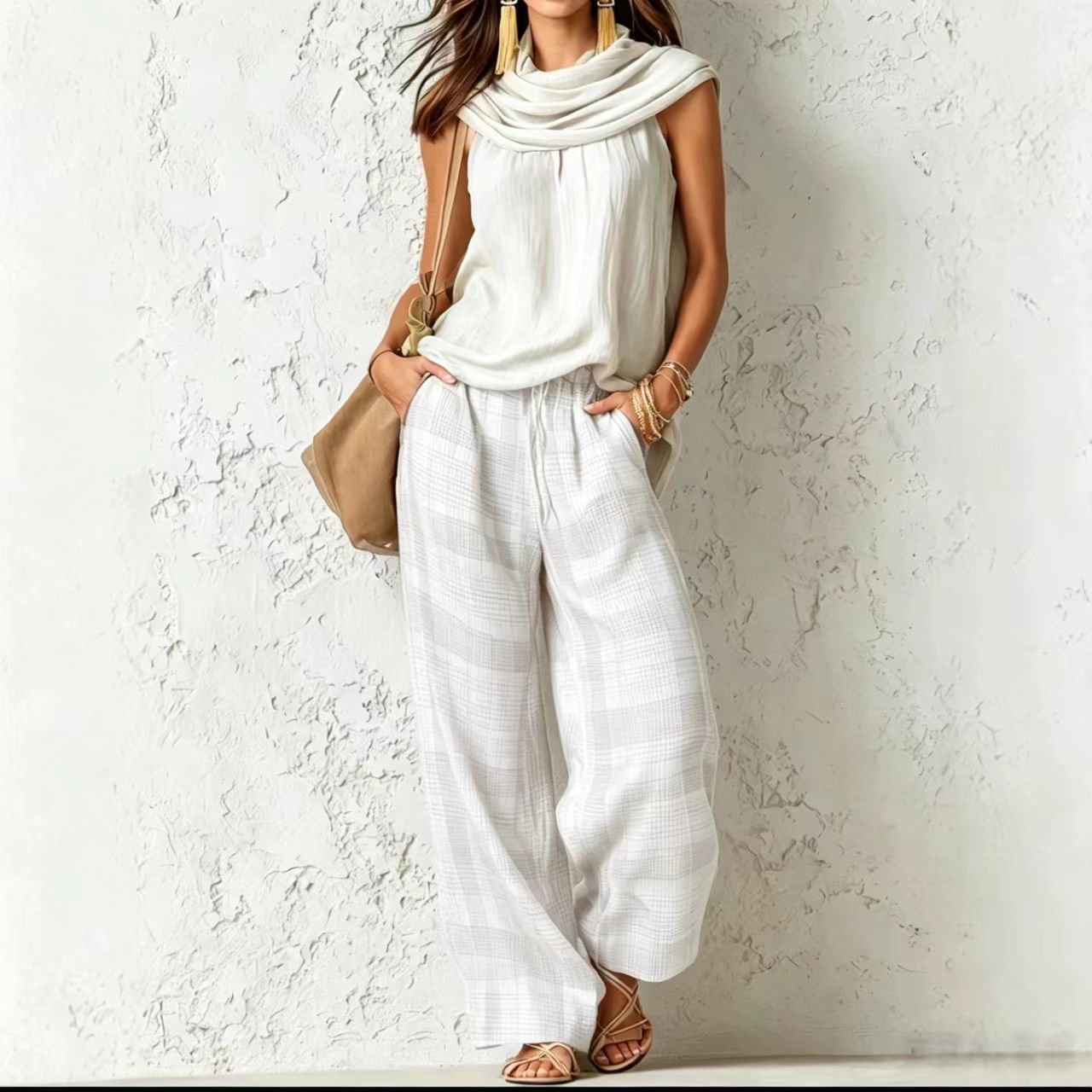 Women Retro Casual Sleeveless Top Plaid Pants Two Piece Sets