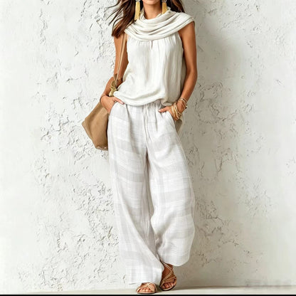 Women Retro Casual Sleeveless Top Plaid Pants Two Piece Sets
