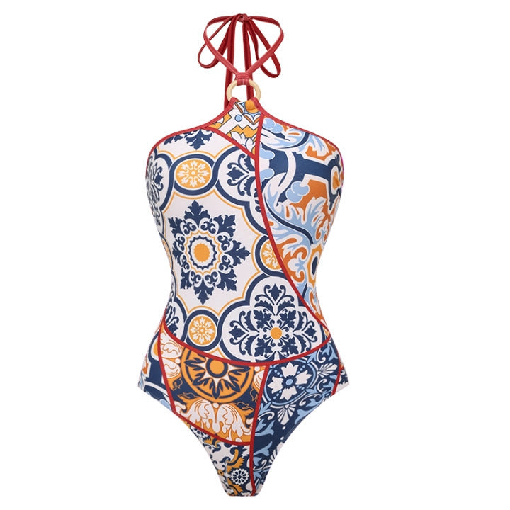 Swimsuit V neck Pattern Printed One Piece Swimsuit Women Wrap Skirt