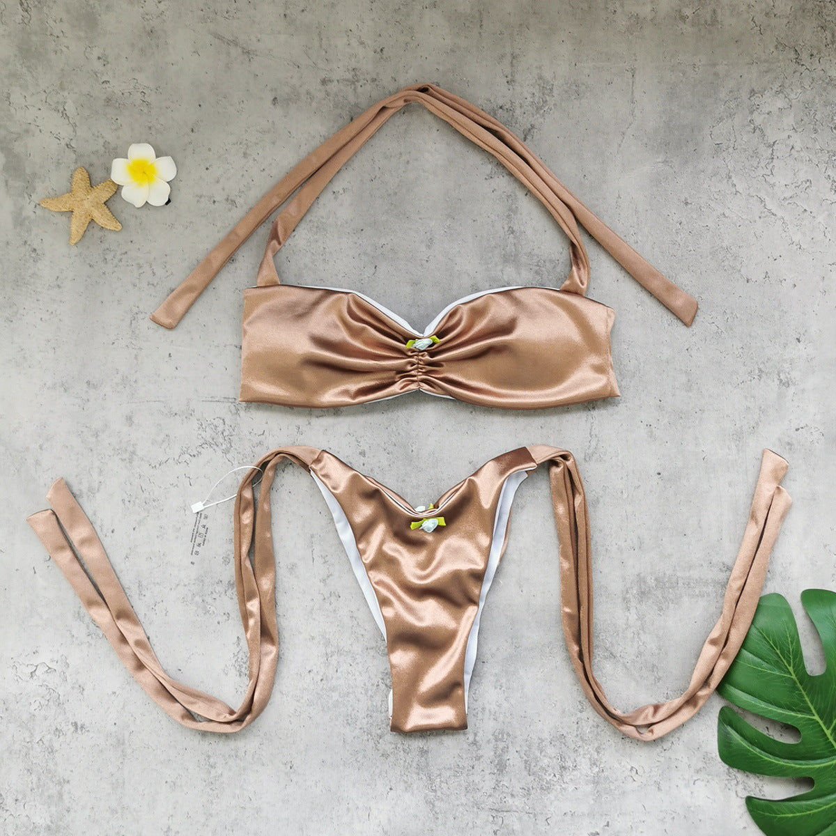 Solid Color Split Swimsuit Women Sexy High Split Lace up Tube Top Bikini
