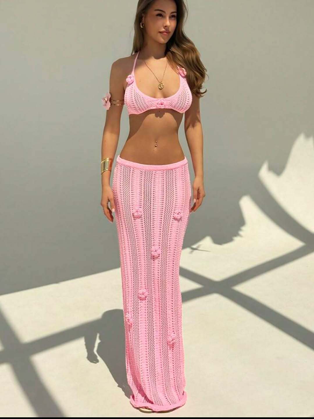 Sexy Floating Floral Cropped Outfit Bikini Strap Halter Knitted Swimsuit Dress