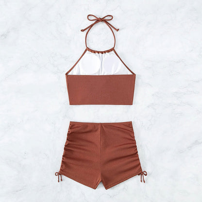 Solid Color Sling Split Swimsuit Women Boxer Sports Beach Bikini Swimsuit